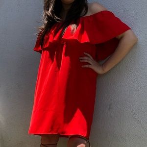 Red off the shoulder dress. Trending